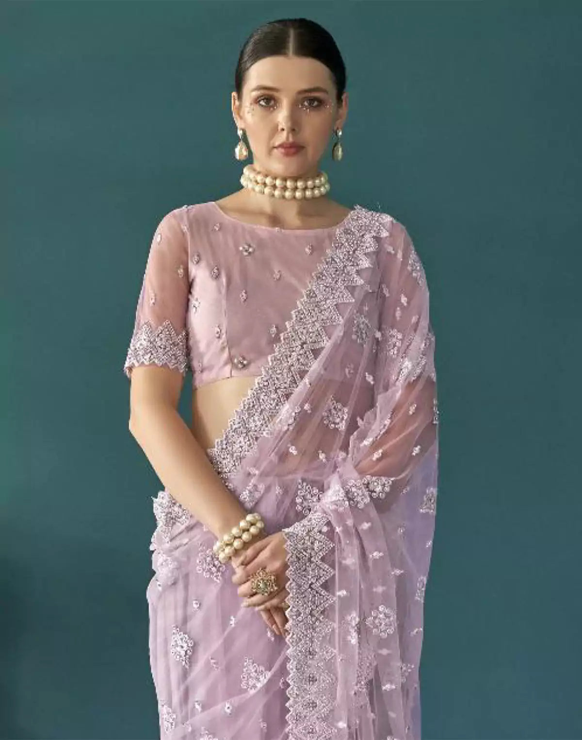 Lavender Party Wear Floral Embroidery Work Netted Saree With Designer Blouse
