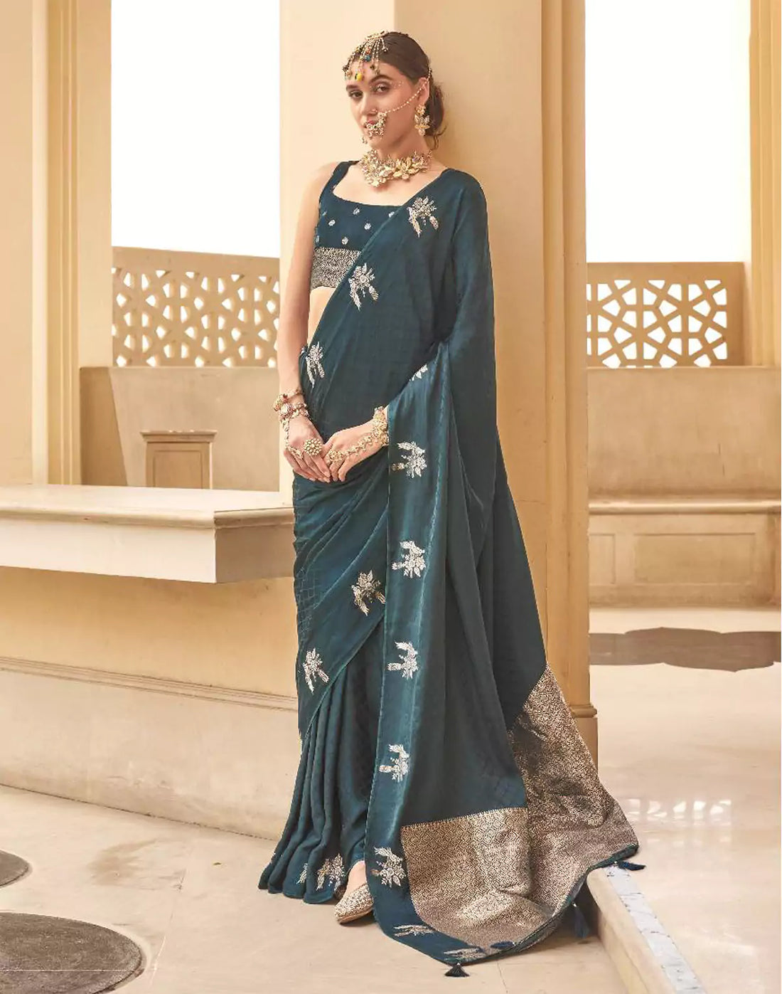 Rama Blue Satin Saree With Golden Pallu