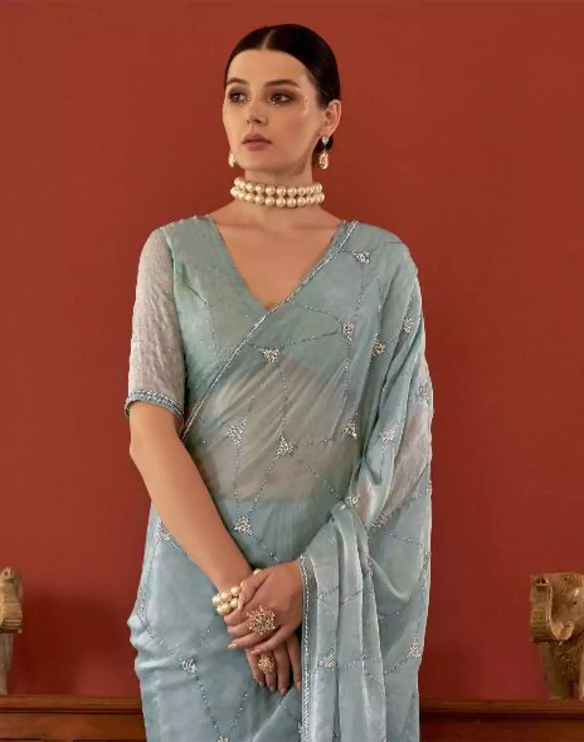 Floral Sequence Work Georgette Saree in Grey