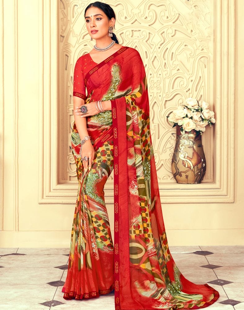 Red Graphic Print Chiffon Fabric Saree