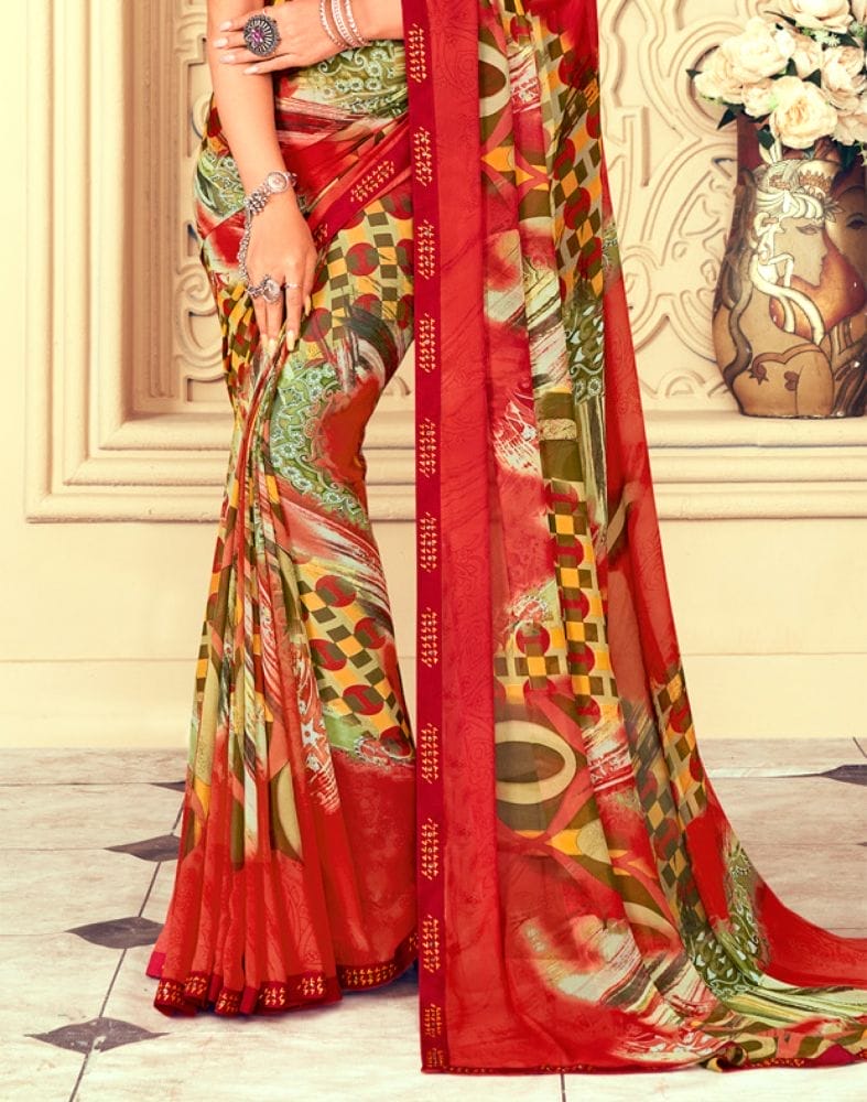 Red Graphic Print Chiffon Fabric Saree