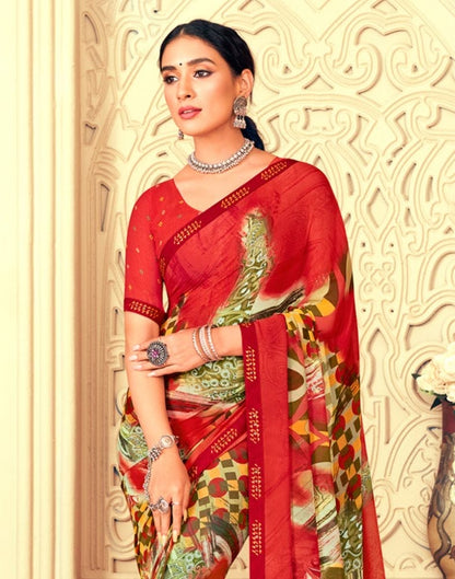 Red Graphic Print Chiffon Fabric Saree