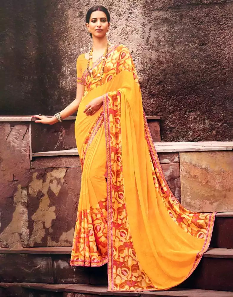 Mustard Self Design Print Chiffon Saree