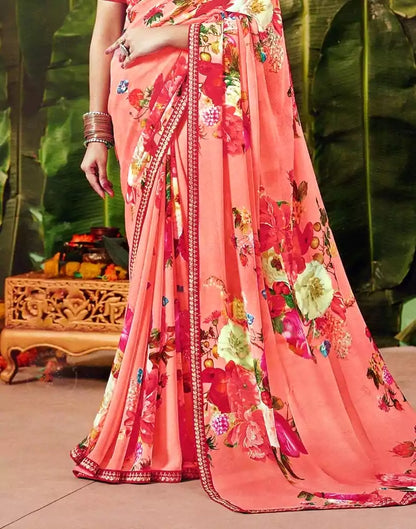 Peach Floral Pattern Print Chiffon Fabric Saree