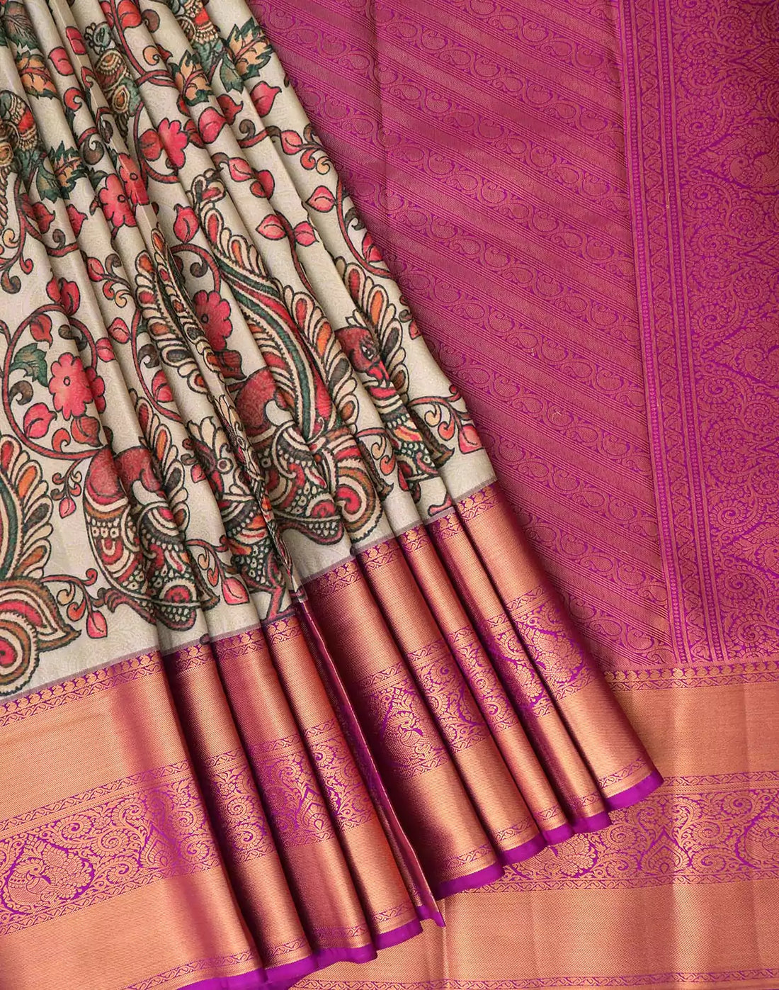 Cream all over Kalamkari Print with Zari Contrast Border Saree