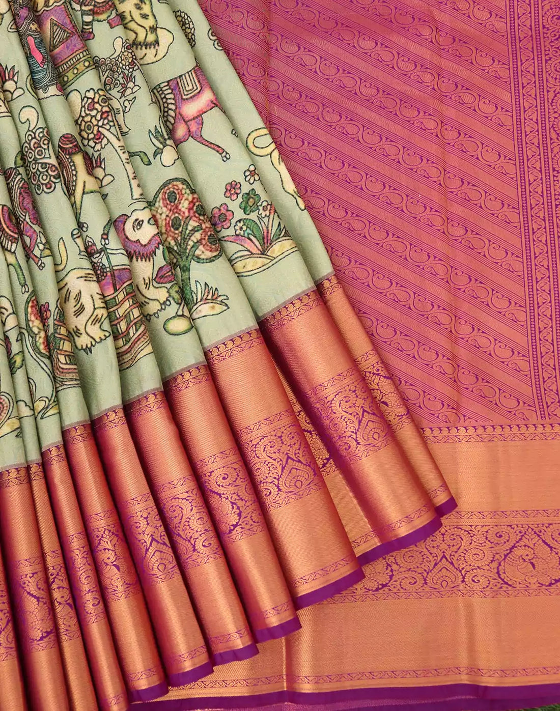 Pista Green Kanchi Kalamkari Print Silk Saree