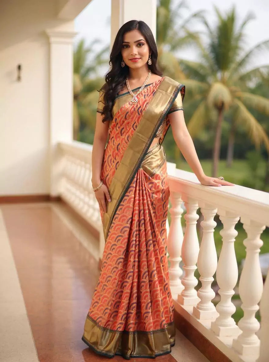 Double Shaded Tissue Jaal Peach Kanchi Padiya Pattu Silk Saree