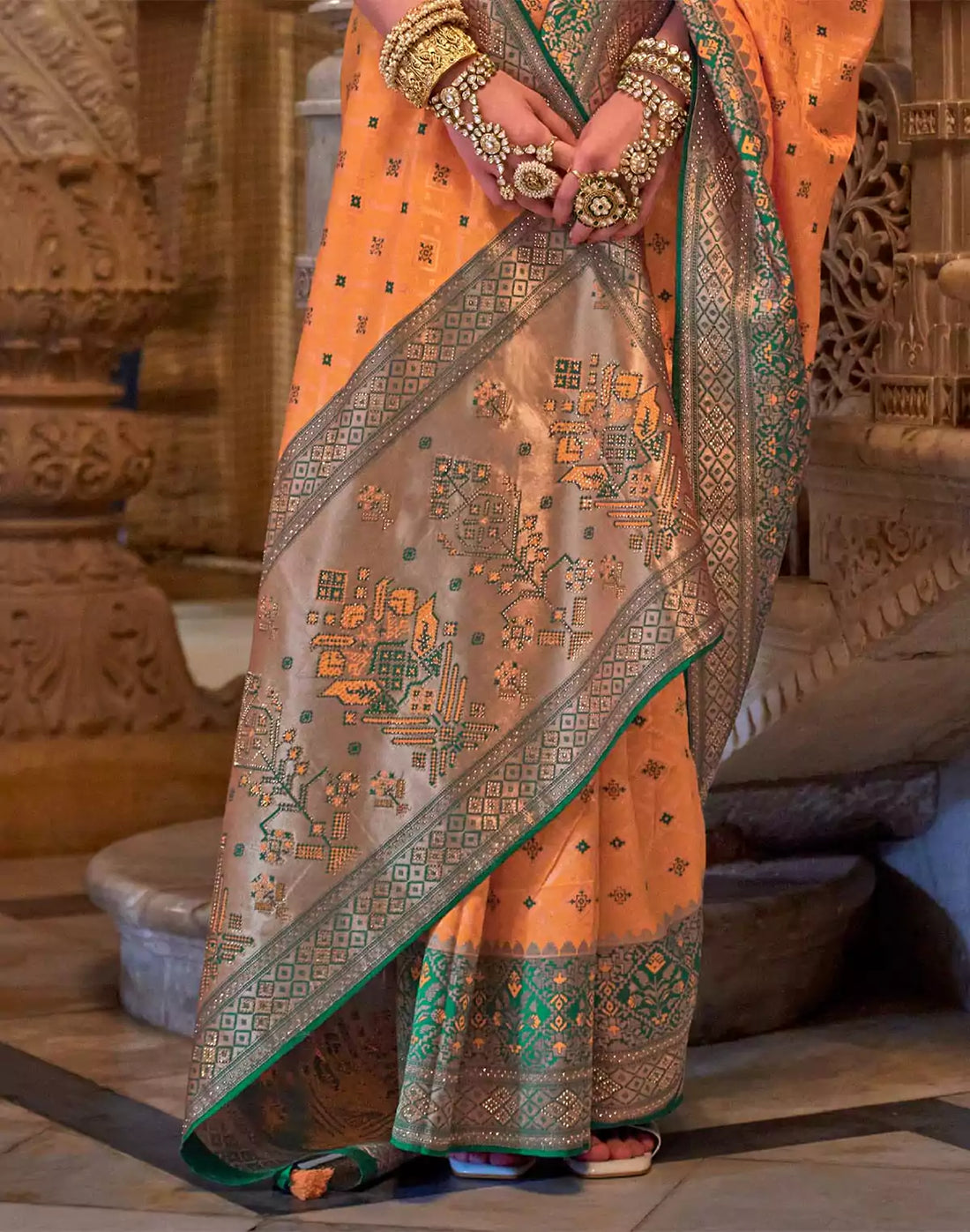 Orange Banaras Silk Stones work Saree