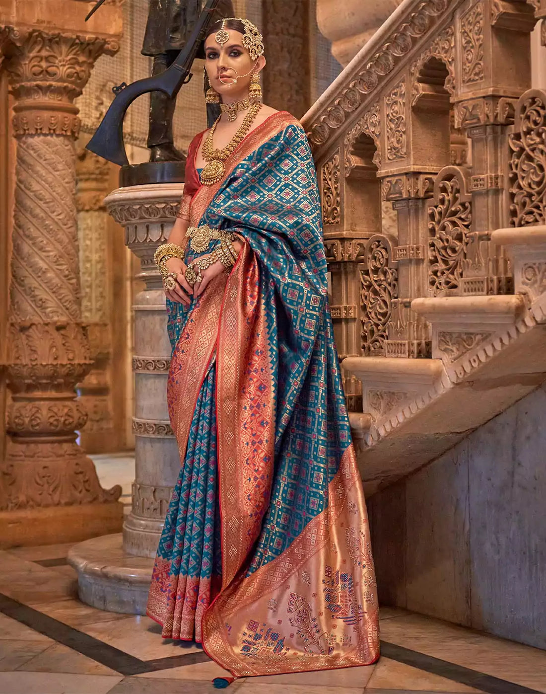 Steel Blue Floral Stones work Banaras Silk Saree