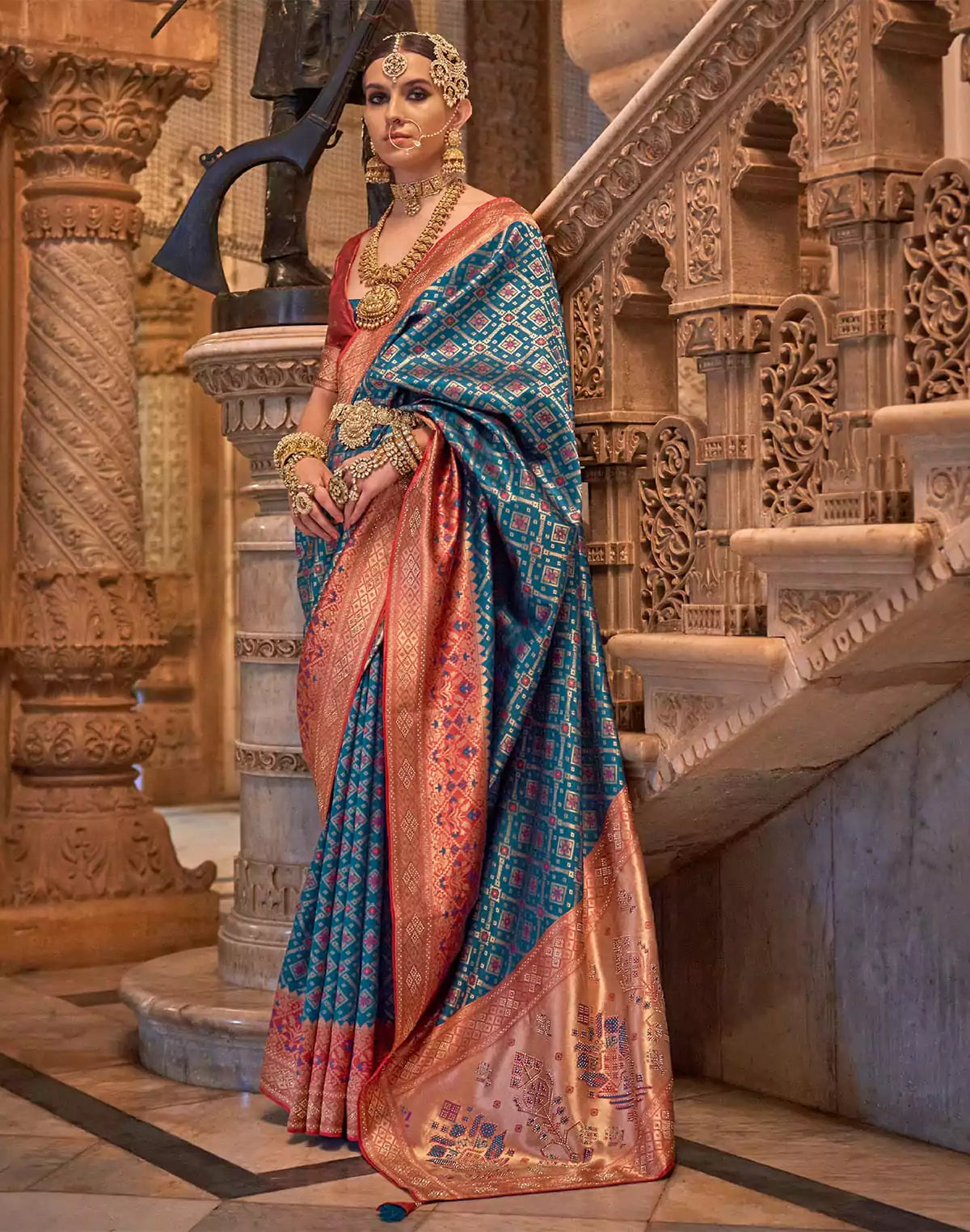 Steel Blue Floral Stones work Banaras Silk Saree