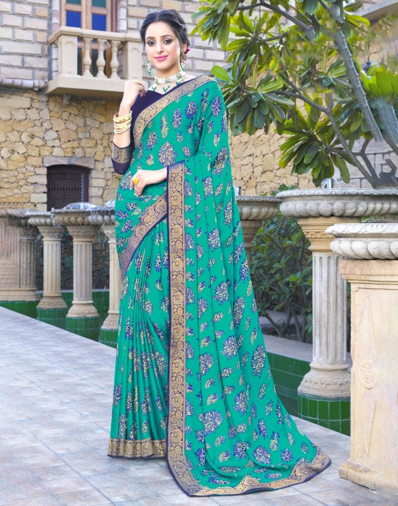 Green Coloured Floral Print Chiffon Fabric Saree