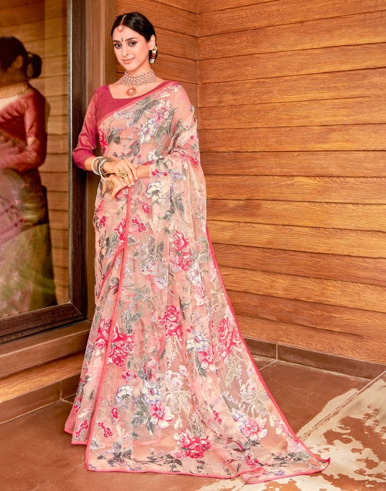 Peach Floral Print Tissue Saree