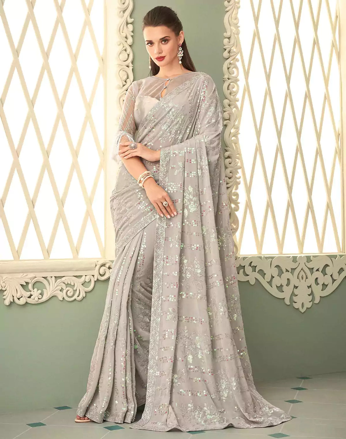 Light Grey Sequence work Georgette Saree