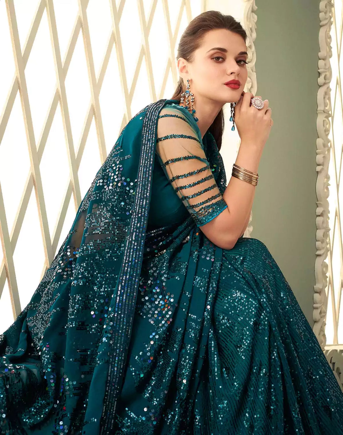 Peacock Blue Sequence work Georgette Saree