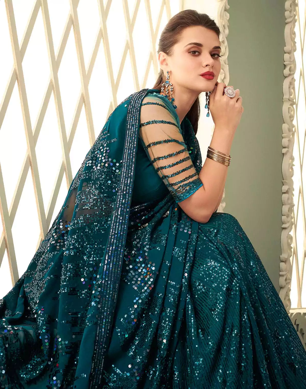 Peacock Blue Sequence work Georgette Saree