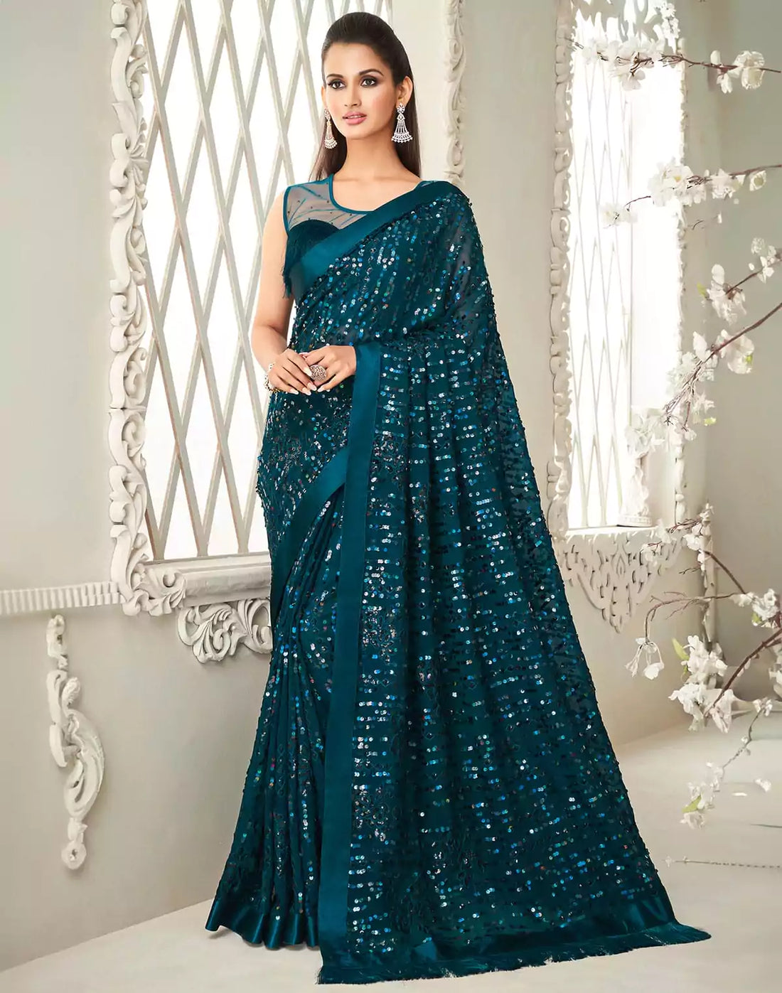 Soft Georgette heavy Sequence work Blue Colour Saree