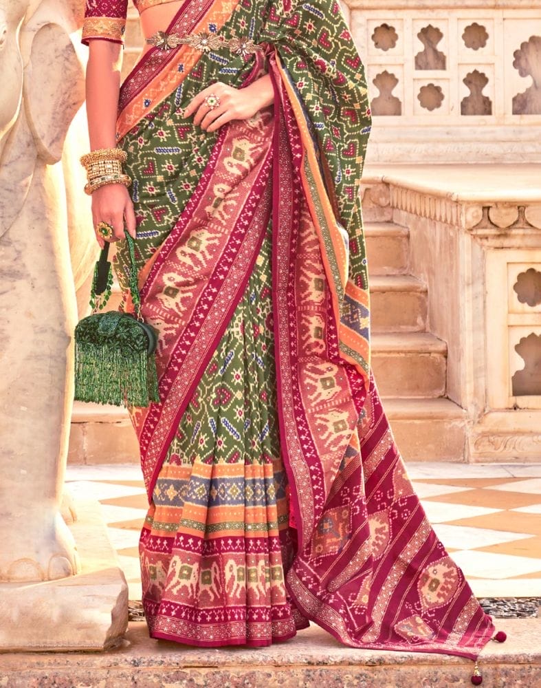 Mehendi Green Ikat Print Patola Saree