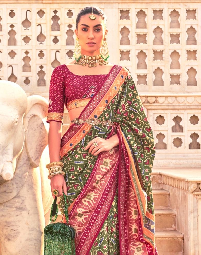 Mehendi Green Ikat Print Patola Saree