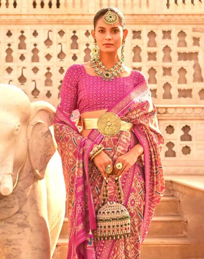 Pink Coloured Ikat Print Patola Saree