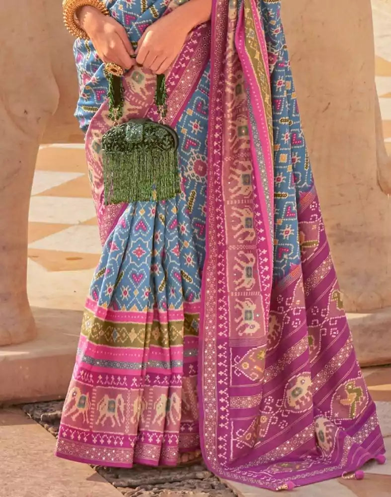 Blue Ikat Print Patola Fabric Saree