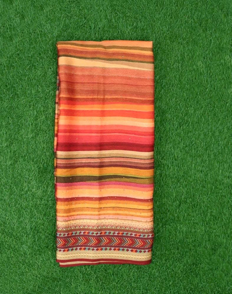 Orange Striped Stones work Crape Saree