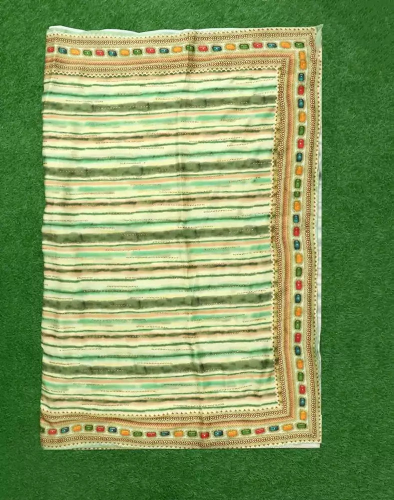 Green Striped Stones work Crape Saree