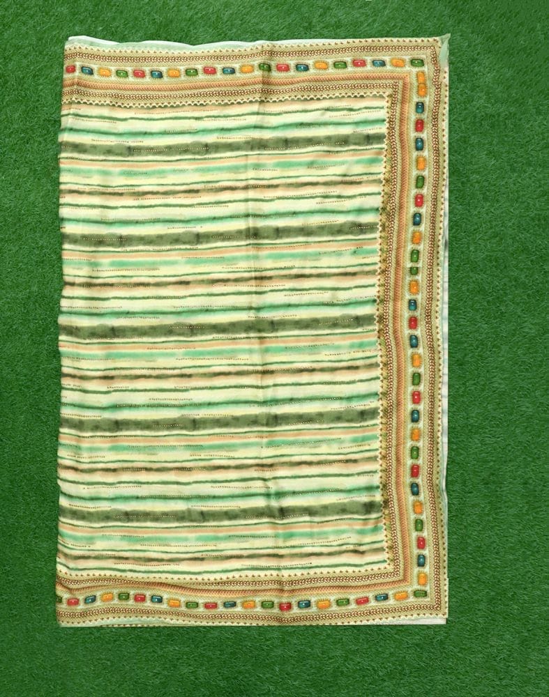 Green Striped Stones work Crape Saree