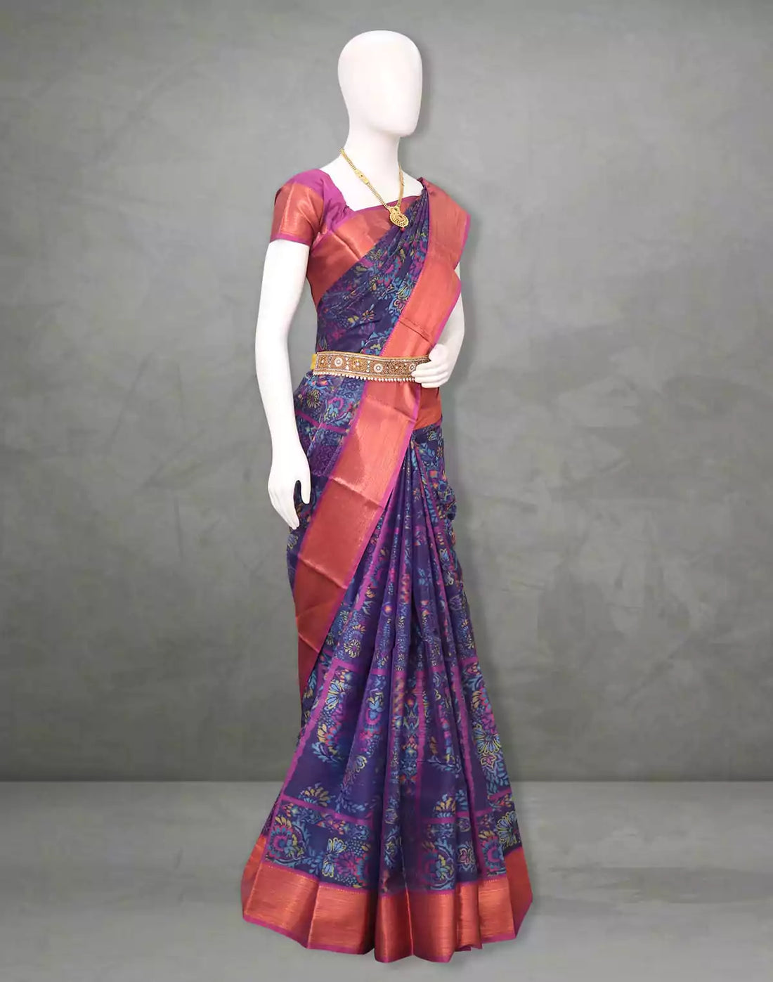 Blue Colour Kanchi Kalamkari Saree Digital Print Copper Zari Border