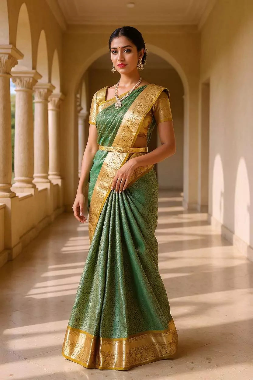 Fabulous Green Golden Brocade Zari work Kanchi Pattu Saree