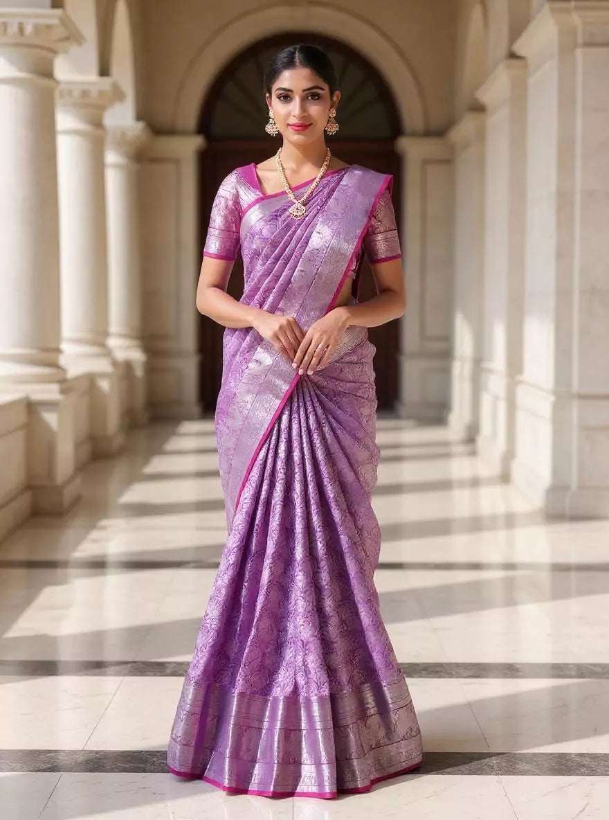 Light Purple Silver Zari Kanchi Pattu Silk Saree with Contrast Blouse
