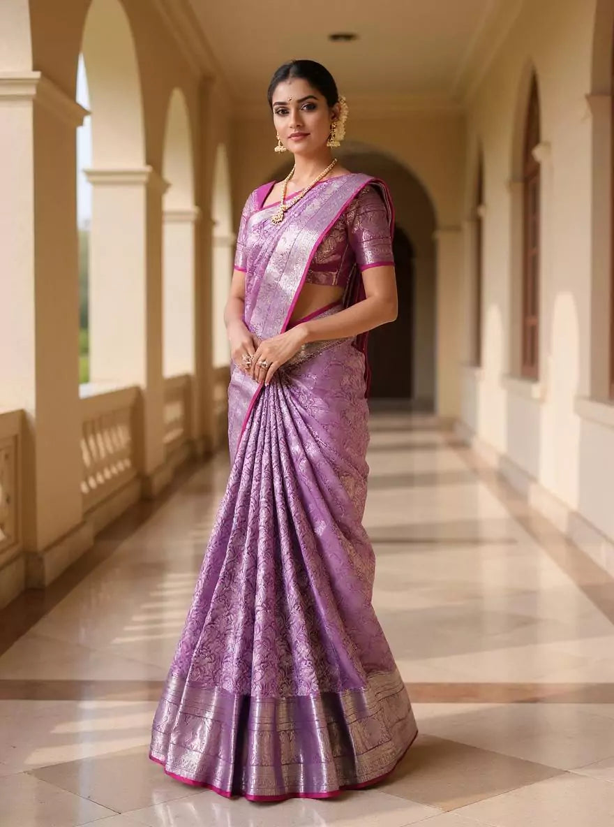 Light Purple Silver Zari Kanchi Pattu Silk Saree with Contrast Blouse