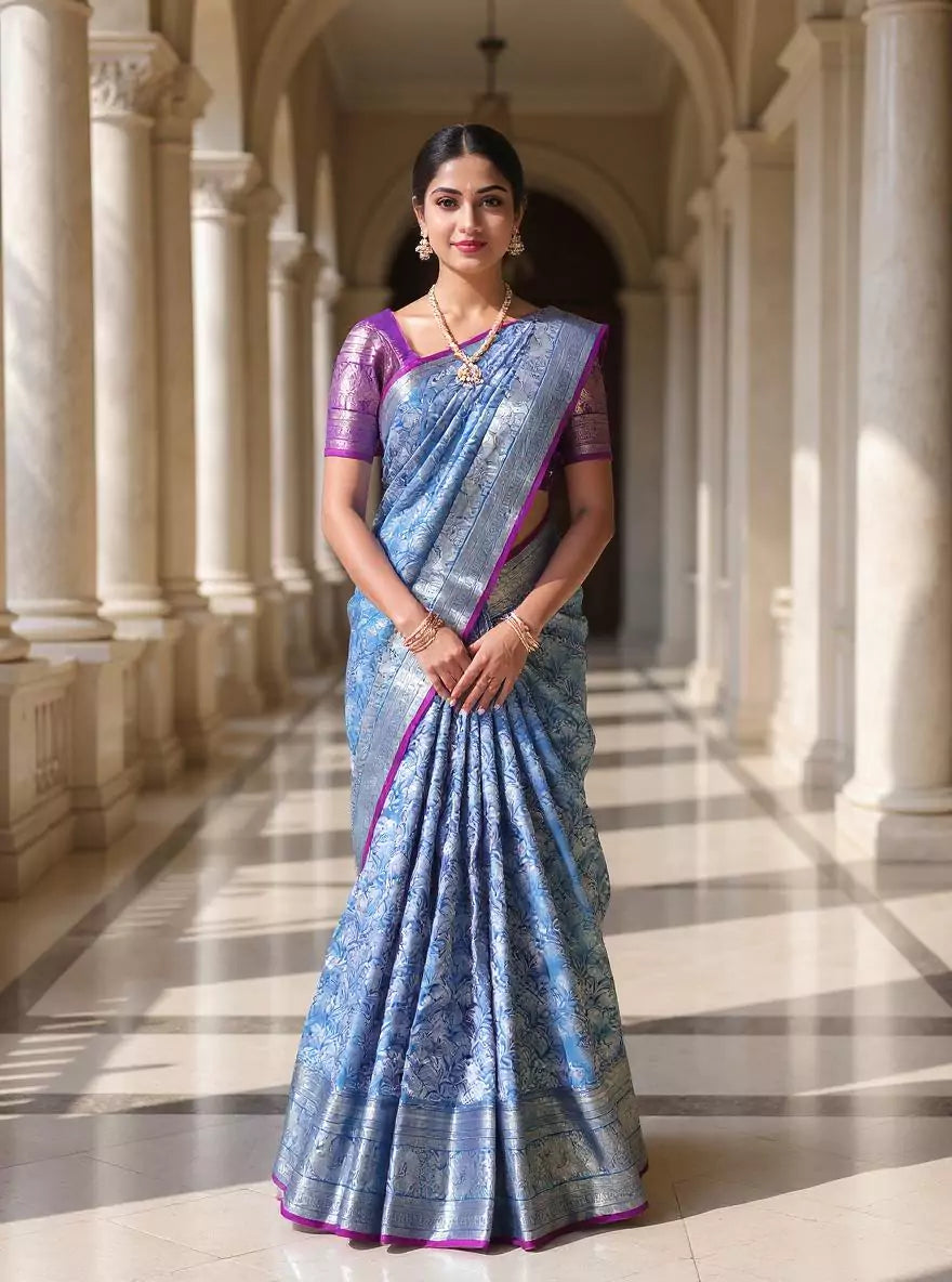 Silver Floral Zari Sky Blue Kanchi Pattu Silk Saree