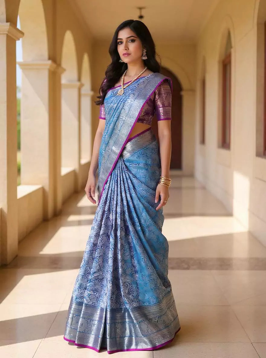 Silver Floral Zari Sky Blue Kanchi Pattu Silk Saree