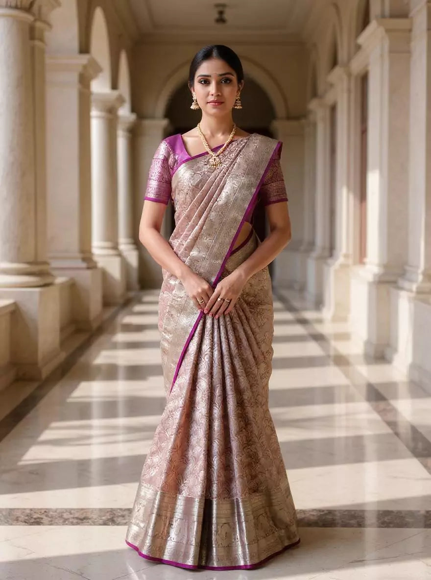 Light Grey Silver Floral Zari Kanchi Pattu Saree