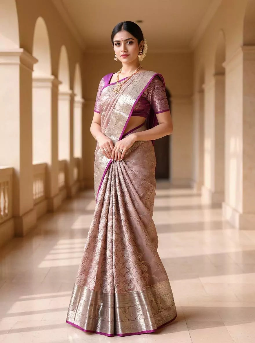 Light Grey Silver Floral Zari Kanchi Pattu Saree