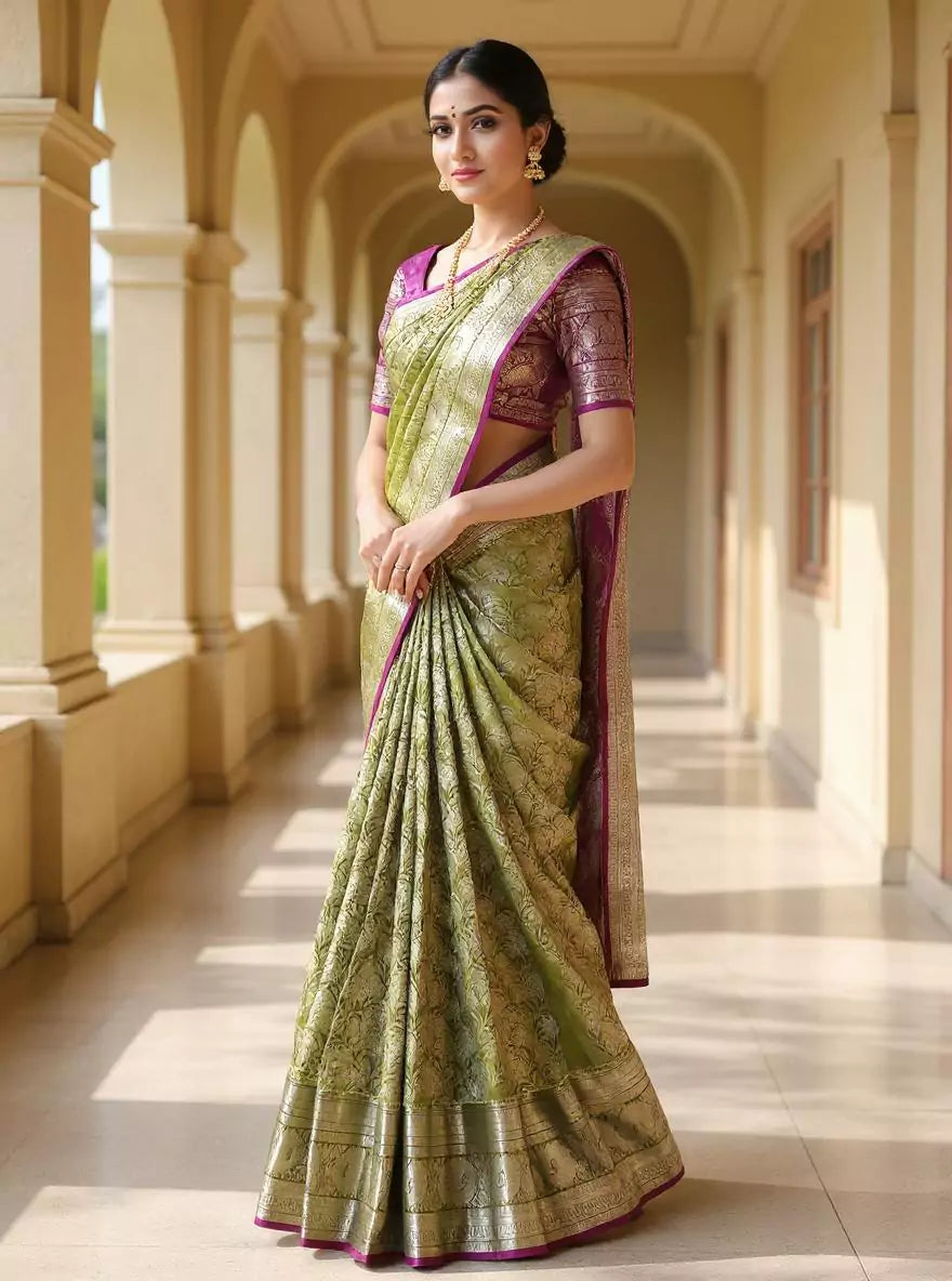Parrot Green Floral Silver Zari Kanchi Pattu Saree with Contrast Blouse