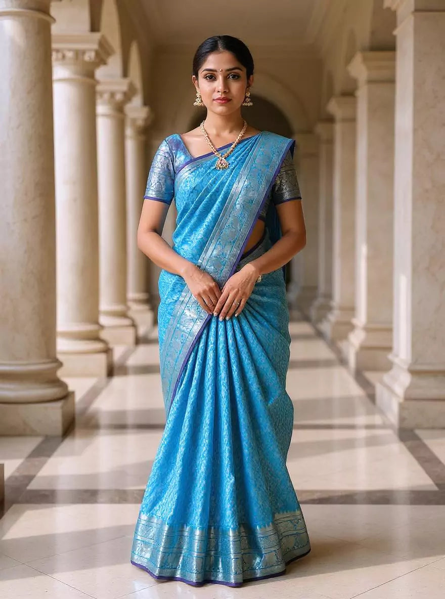 Silver Paisely Zari work Kanchi Pattu Sky Blue Saree
