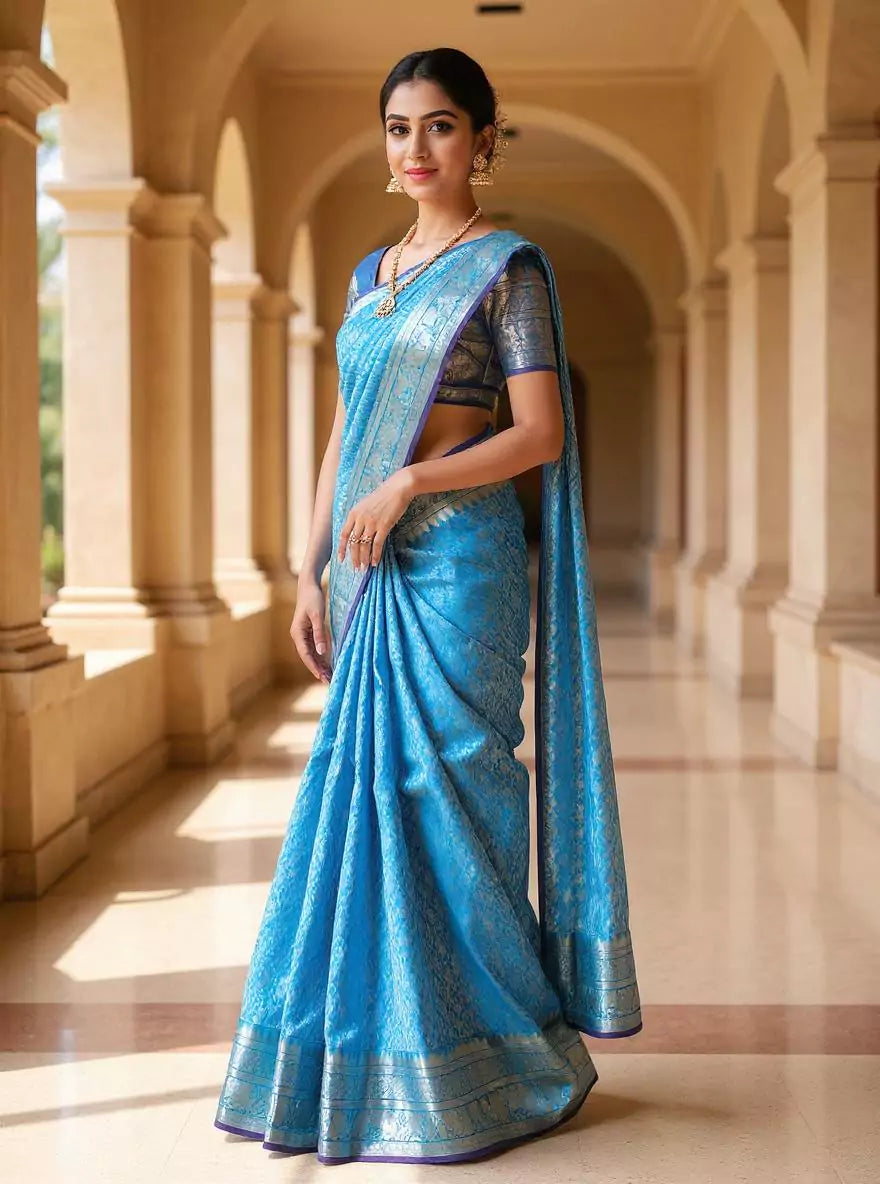 Silver Paisely Zari work Kanchi Pattu Sky Blue Saree