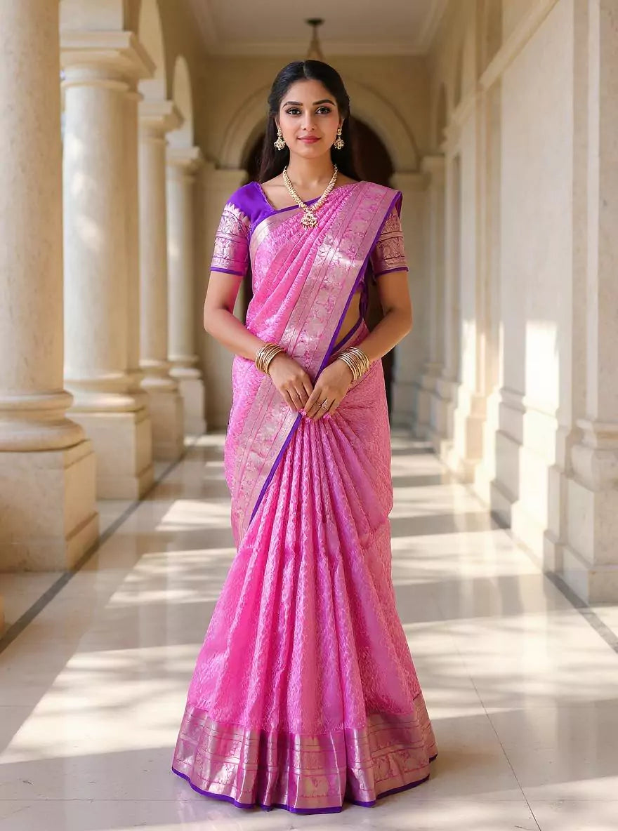 Light Pink Paisely Pattern Silver Zari Contrast Border Kanchi Pattu Saree
