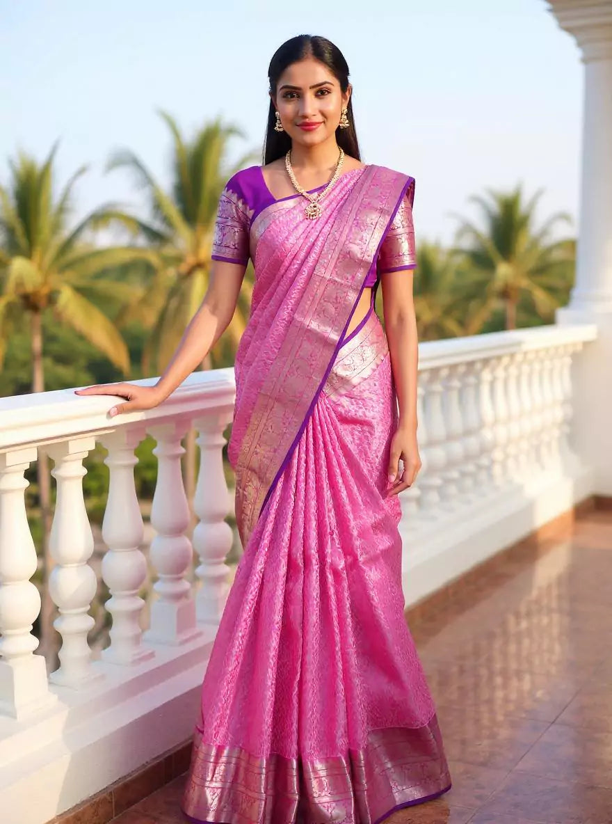 Light Pink Paisely Pattern Silver Zari Contrast Border Kanchi Pattu Saree