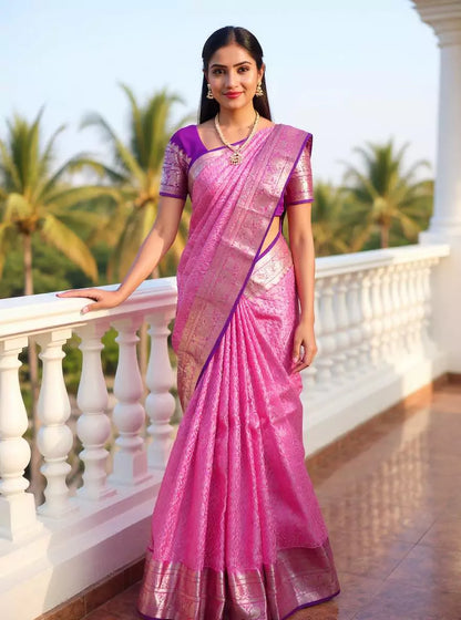 Light Pink Paisely Pattern Silver Zari Contrast Border Kanchi Pattu Saree