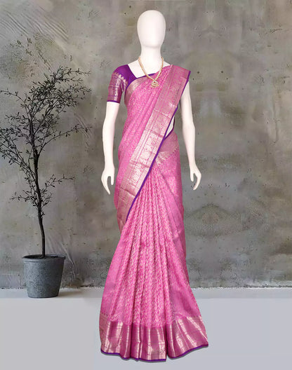 Light Pink Paisely Pattern Silver Zari Contrast Border Kanchi Pattu Saree
