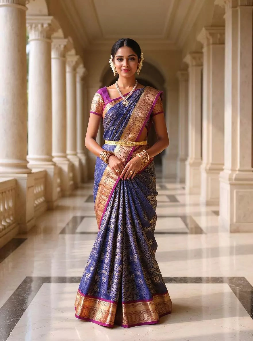 Beautiful Navy Blue Golden Floral Zari Contrast Kanchi Pattu Saree