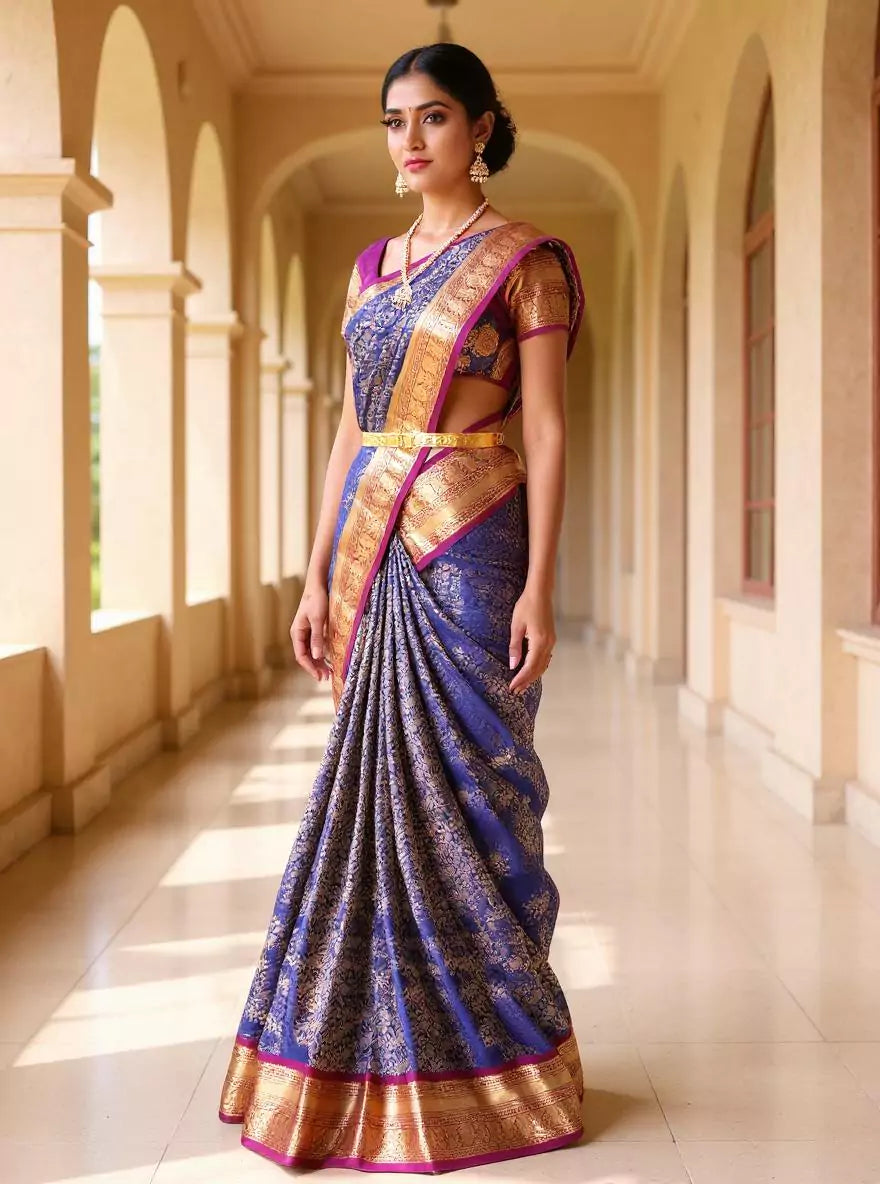 Beautiful Navy Blue Golden Floral Zari Contrast Kanchi Pattu Saree