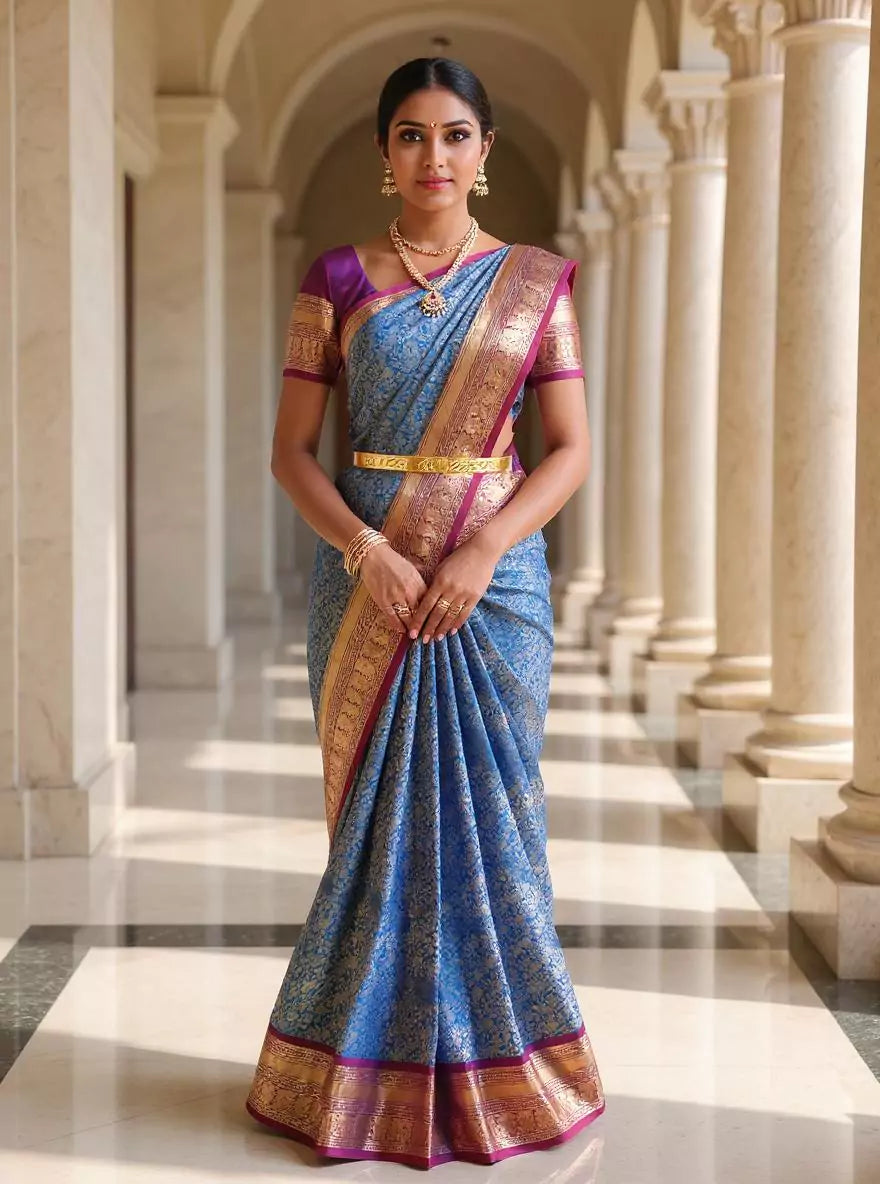 Sky Blue and Purple Golden Floral Zari Kanchi Pattu Silk Saree