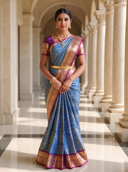 Sky Blue and Purple Golden Floral Zari Kanchi Pattu Silk Saree