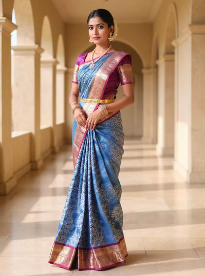 Sky Blue and Purple Golden Floral Zari Kanchi Pattu Silk Saree