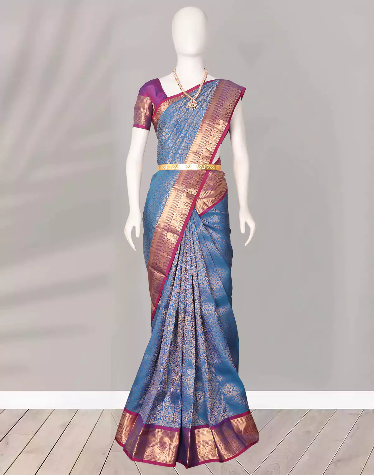 Sky Blue and Purple Golden Floral Zari Kanchi Pattu Silk Saree