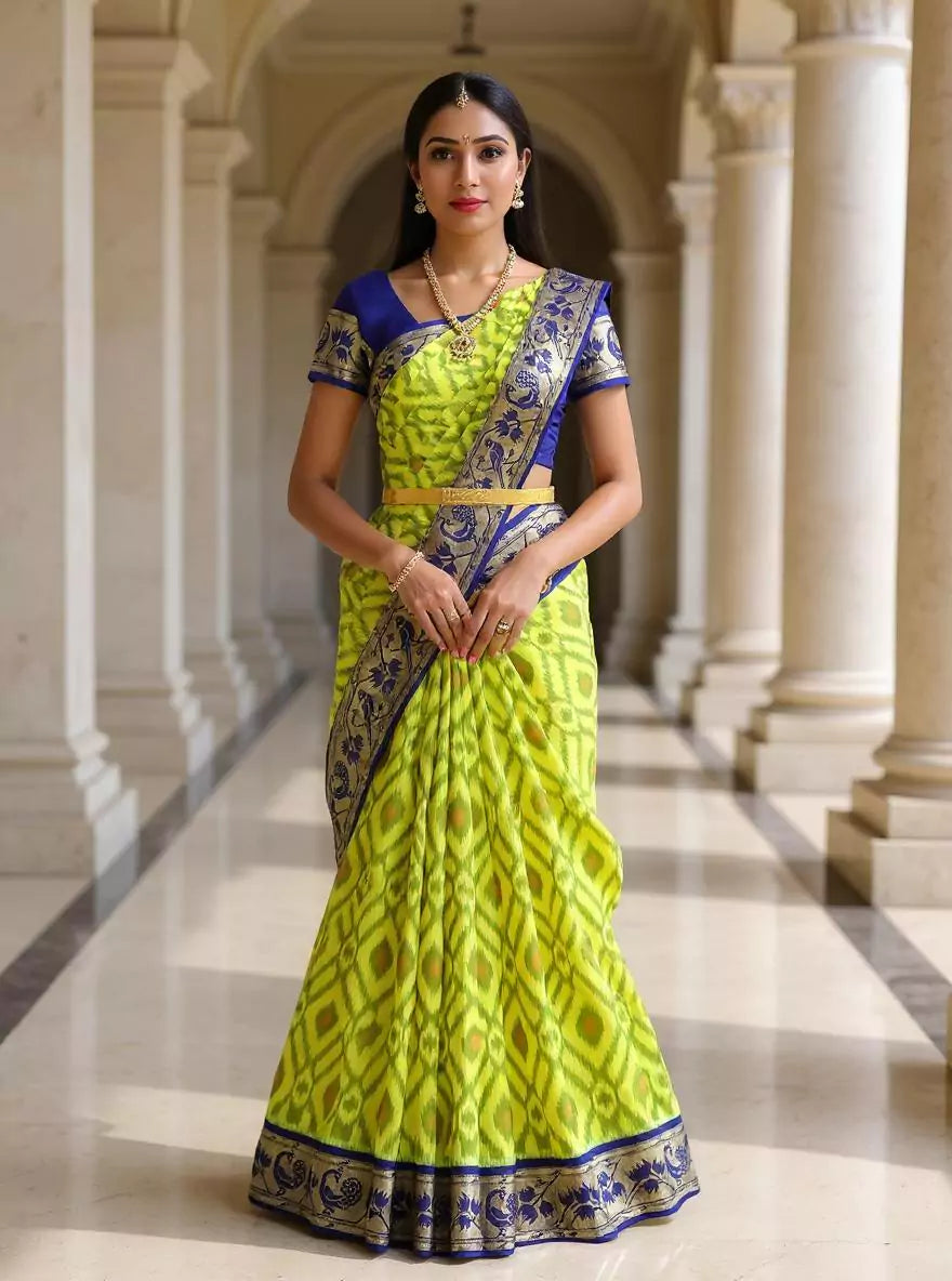 Elegant Yellow Color Ikat Pattern Coimbatore Pure Silk Saree