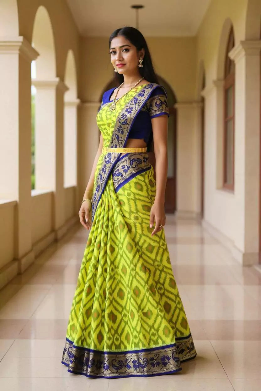 Elegant Yellow Color Ikat Pattern Coimbatore Pure Silk Saree